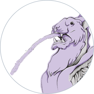 Illustration of a human profile blowing water in an arc, with a lilac background.